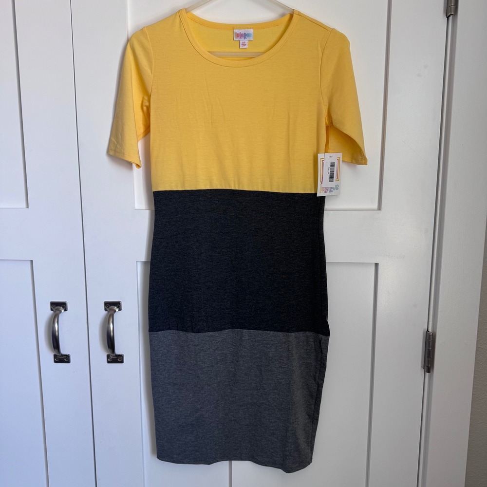 NWT LuLaRoe Julia Shirt Dress Colorblock Yellow‎ Black Gray Women's Sz XS Pencil